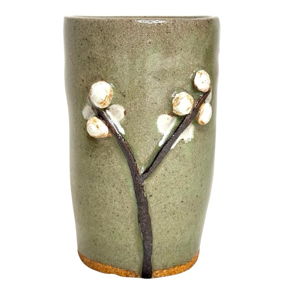 Studio Art Pottery Stoneware Tumbler Mug Vase Branch Botanical Rustic Signed